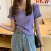 Frauenpolos Ice Seide Kurzarm T-Shirt koreanische Mode Farbe Blockierende Design Lose Holzohrkante gestrickte Tops