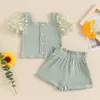 Ensembles de vêtements focusnorm 1-5y beaux enfants filles vêtements d'été Souetflowers Imprimez en maille courte t-shirt à manches bouffantes et shorts élastiques