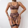 Bras sätter erotiska underkläder set kvinna 3 stycken sensuell zebra tryckt transparent korta fancy gatrar lyx spetsar sexiga kläder