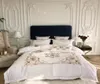 King Queen Size Comforter Cover FlatFitted Bed Sheet set Gray White Chic Embroidery 4Pcs Luxury Faux Silk Cotton Bedding Sets 2011086698