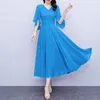 Partykleider Sommer Ankunft lose 5xl gegen Kragen Solid Women Chiffon Langes Kleid Strand Meer weibliche Kleidung Royal Blue Rot Schwarz