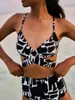 Geometrische print ruche zwart en wit gestreepte kleurblok bikini één stuk sexy diep v neck tie ontwerp badpak met lange poncho