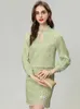 Vestidos de trabalho Seasixiang Fashion Spring Stand Stand Collar Lantern Sleeve Pullover Top Disc Buckle Salia Beading estilo chinês Duas peças