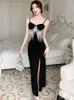 Vestidos casuais 2024 preto elegante borla Hollow Out Sling vestido sexy mulheres coreanas no dia da noite de verão