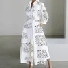 Herfstjurk lange mouw dot print elegante maxi jurken voor vrouwen wit casual v nek shirt feest lange jurk robe femme 240424