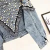 Mujer Spring Autumn Streetwear Denim Jacket Women Handstuded Pearls Punk Tassel Veste Femme Loose Short Jeans Coats 240423