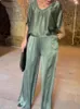 Dwuczęściowe spodnie damskie eleganckie cienkie jedwabne zestawy 2PC dla kobiet 2024 Summer prosty styl solidny luźne bluzki wierzchołki szerokie nogi