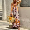 Casual Dresses Summer Slip Dress Low Cut Rygglös ärmlös färg Matchande tryck Löst semester strand maxi sundress