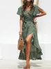 Summer Beach Maxi Dres Impression florale Boho Long Mariffon Robe Ruffles Wrap Casual Vneck Split Sexy Party Robe Femme 240416