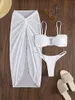 Moda de banho feminina Sexy Solid Solid pretedida 3pcs Mesh Salia Biquíni Conjunto Mulheres 2024 Cantura alta Corte Taça de banho de maiô de verão