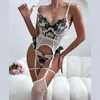 BHs Sets Spitze schwarz weiße Kontrast Stickerei Dessous Set Women sexy hohl Out Unterdraht BH Long Mesh Socken Strumpfband exotisch 3 Stück