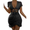 Party Dresses Bodycon Summer Dress Club Bridesmaid Short Sleeve Bandages Show Hilum Tie Open Front Crop Women Hollow Out