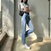 Jeans femminile retrò hong kong in stile tesoro coreano dritto gamba in pizzo design patchwork per pantaloni versatili elastici slim fit da donna