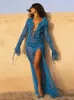 Summer Beach Dres eleganckie bandażowe marszczenia Slim Maxi sukienka seksowna niebieska długie rękawowe imprezowe imprezowe stroje 240429