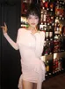 Casual klänningar habbris sexig rosa o nacke booty mini klänning elegant festklubb outfit för kvinnor 2024 höst mode långärmad bandage kort