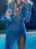 Summer Beach Dres eleganckie bandażowe marszczenia Slim Maxi sukienka seksowna niebieska długie rękawowe imprezowe imprezowe stroje 240429