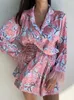 Women's Sleepwear Hiloc Printed Flowers Casual Feather Pajamas With Shorts Summer 2024 Notched Shirts And Wide Legs Homewear Two Pieces Set