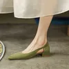 Chaussures habillées krazing pot mouton en daim peu profond de designer européen conception d'été pointu à talon bas épais talon bas slip sur les femmes de couleur verte