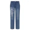 Jeans pour femmes Low Rise Print Blue Denim Pantal