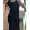 Kvinnors tvåbitar byxor Superaen 2024 Korean Chic Summer Vintage Line Back Zip Vest Top High midje Casual Wide Leg Pant Set