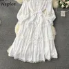 Casual jurken Neeple Fresh Solid Court Hollow Out Lace Femme Robe Up Elegant Franse stijl Slim Fit Dress Moda Patchwork Mujer