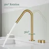 Robinets de lavabo de salle de bain robinet de bassin doré brossé et robinet froid 360 sperme rotative de terrasse montée sur le mélangeur d'interrupteur à molette réparti