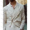 Herrkostnader linne beige sommar dubbelbröst män casual lös 2 bit jacka byxor terno stiliga manliga kläder dagligen kläder 2024