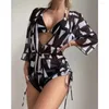 Dames badmode sexy gaasprint bikini string Deep-V cover-up Doe met 3-delige zwempak strand outfit vrouwen bather matching set bikini's