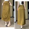 Saias estilo chinês elegante fenda lateral cetim saia longa mulher 2024 verão moda alta cintura A-line ladies skir midi vintage