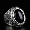 Cluster Rings Fashion Flower Band Oval Natural Stone Ring Men Vintage Look Antique Silver Color For Women Jewelry Party Gift 31059