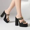 Slippers Plus Size Double Row Gold Metal Chain Punk Women's Sandals With Square Toe Extra High Thick Heels Layer Platform