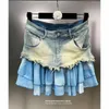 Skirts Firmranch Summer Washed Blue Denim MiniSkirt Patchwork Multi-layer Gradient Chiffon Half Dress Women A-line Tiered Skirt Girls