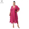 Платья для вечеринок Vazn 2024 Half -рукав Deep V Tassel Pure Color Mid Long Dress Street Stry Style Женщины