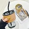 Wine Glasses Internet Celebrity Bamboo Cups With Straw Mocha Coffee Leather Surrounded Mug Office Outdoor Travel Retro Creative Ins 2024