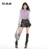 Skirts 2024 Autumn Sweet Gothic Solid Color Belted Design Women Casual High Waist Slim Moto Bike Leather Pleated Mini Skirt