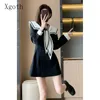 Casual Dresses Ladies French Gentle Cross Lace Up Sailor Collar Double Breasted Waist Retraction Temperament Short Skirt Women Clothing