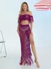 WSEVYPO Hollow Out Crochet Knit Beach COUSH-Ups Set Summer Women's Nappel Off-Shoulder Crop Tops e Gonne lunghe a fessura alta