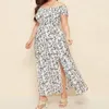 Kvinnor Summer Plus Size Dress Chest Wrapped Short Sleeve Split Flowy Hem Off Shoulder Print Maxi Boho Streetwear 240425