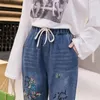 Damesjeans Harajuku geborduurde vrouwen blauw casual baggy bijgesneden broek Koreaanse mode hoge taille plus maat veter -denim broek