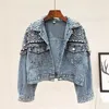 Mujer Spring Autumn Streetwear Denim Jacket Women Handstuded Pearls Punk Tassel Veste Femme Loose Short Jeans Coats 240423