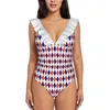 Women's Swimwear Orange And Blue Traditional Argyle All Over Print Deep V-Neck Halter One-Piece Swimsuit Ladies Monokini Beach Bathing Suits