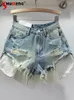 Jeans femininos inseguem mulher shorts de jeans baixa da cintura 2024 Estilo coreano Loja de verão Hole Brilhado Brilhado A- Linha de perna larga calças de perna larga