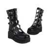 Stiefel Keile Plattform Gothic Metal Frauen Frauen mittlerer Kalb Herz Schnalle Round Toe Herbst Winer Schuhe Y2K Stil Stil