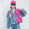 Femmes enrober Cartoon Sticker Broidered Sequin Court Denim Veste denim Bowknot Top 240426