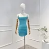Lässige Kleider von höchster Qualität 2024 Frühlings Sommer solide sexy Party leuchten blaue Diamanten schlanker Schlupf Ärmel und Mini Kleid Frauen