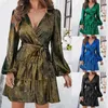 Robes décontractées pour femmes 2024 Mariage Invité d'été Satin Couleur solide fermée taille Vante V le cou de feuille Swing Vestido Mujer Elegante