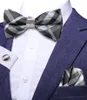Bow Ties Hi-tie Gray Plaid Jacquard jedwabny jedwabny męski krawat hanky mankiety Ustaw kęs motyla Bowtie na męską imprezę biznesową