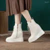 Boots Cow Leather Platform Ankle Ladies Fashion Wedges Shoes For Women Höjd ökar höga klackar Autumn Pumpar Kvinna