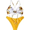 Damenbadebekleidung 2pcs/Rückenloser Badeanzug -Krawattengürtel Split -Typ Sonnenblumendruck für Strand