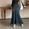 Skirts 2024 Design Sense Hairy Edge Spice Girl Fishtail Skirt Elastic Denim Mid-Length High-Waisted Women A-Line Y2k